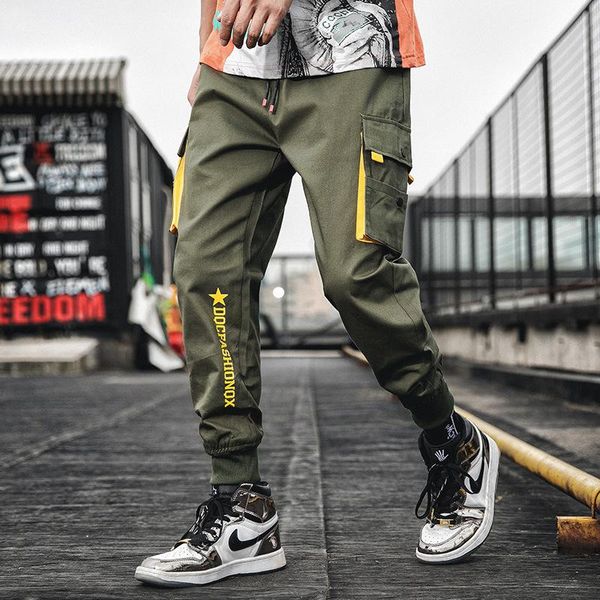 

mens fashion pants high street cargo smart design multi pockets autumn men clothing streetwear drawstring joggers men's, Black