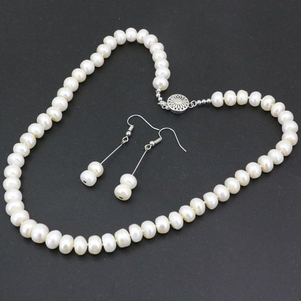 

earrings & necklace pearl jewelry set for women 9-10mm white natural freshwater pearls beads weddings party gifts jewels 18" b3453, Silver