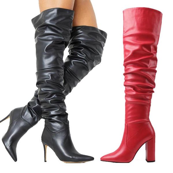 

boots 2021 est pleated over the knee women long autumn winter high heel pointed toe women's shoes black red brown white