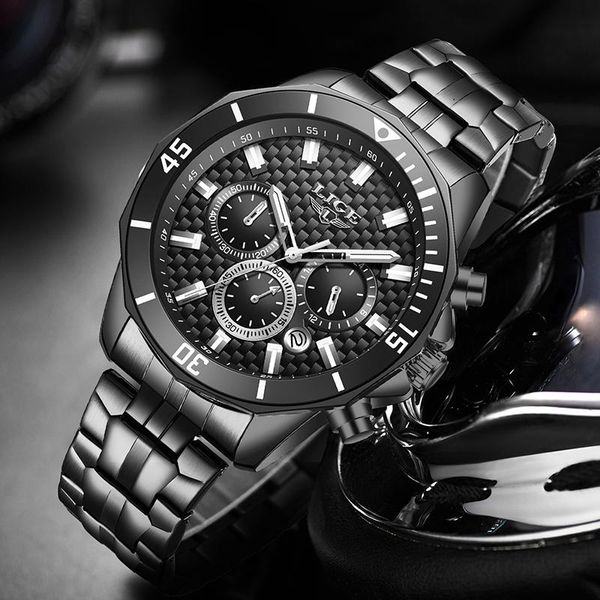 

wristwatches 2021 lige mens watch fashion black stainless steel sport waterproof watches for men multi-function chronograph, Slivery;brown