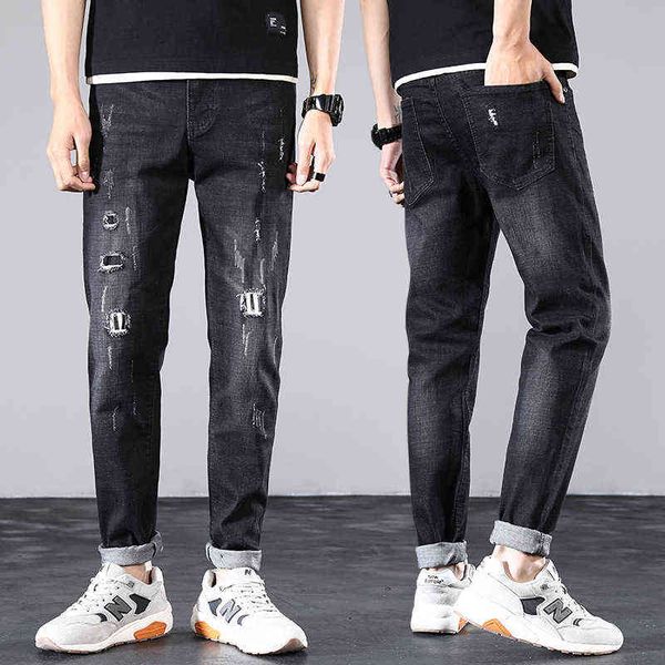 

2021 spring and summer pierced korean slim fit leggings youth elastic men's jeans, Blue