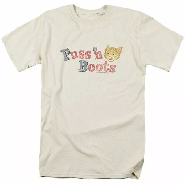 

puss n boots cat face logo t shirt mens licensed cat food cream, White;black
