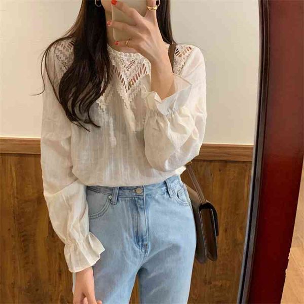 

comelapricot all match hollow out streetwear femme blouses lace ruffles chic gentle girls loose shirts 210515, White