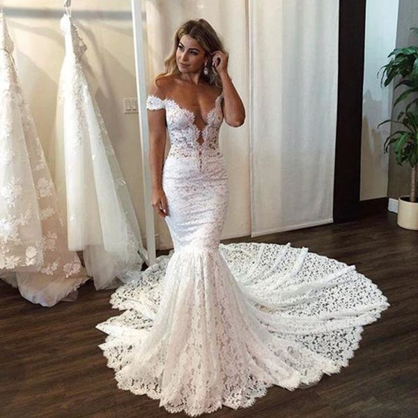 

plus size white lace wedding gowns mermaid off the shoulder backless bridal gowns with tulle train beach garden vestido de noiva