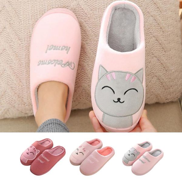 

slippers winter women's cute cartoon embroidery round toe flats plus velvet shoes comfortable indoor home, Black