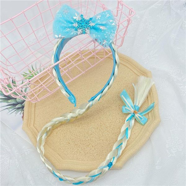 

children's fantasy blue big bow snowflake tulle hair bands princess headband wig braids acessories for young kids girls accessories, Slivery;white