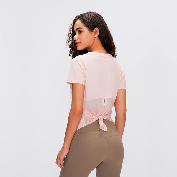 

yoga outfit quick dry fitness mesh patchwork shirts women short sleeve running sport shirt cute tie back gym workout t-shirts