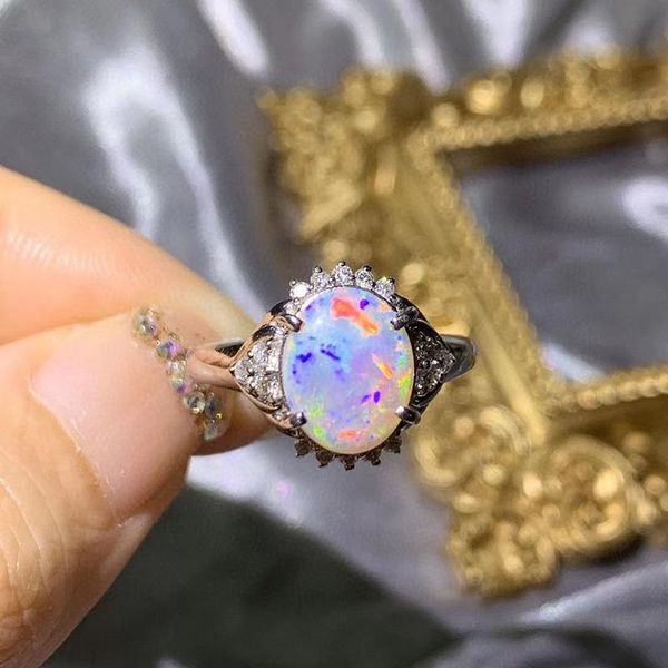 

cluster rings classic silver opal ring for wedding excellent brilliance natural gemstone solid 925 sterling gift, Golden;silver