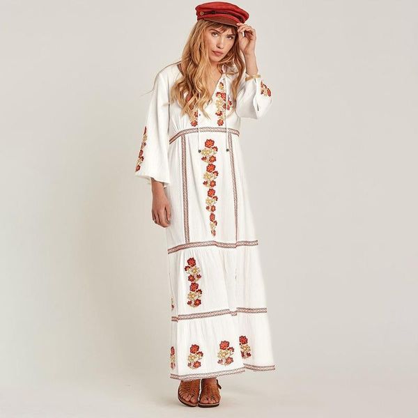 

casual dresses 2021 summer vacation ladies dress floral embroidery bohemian v-neck long sleeve for women, Black;gray