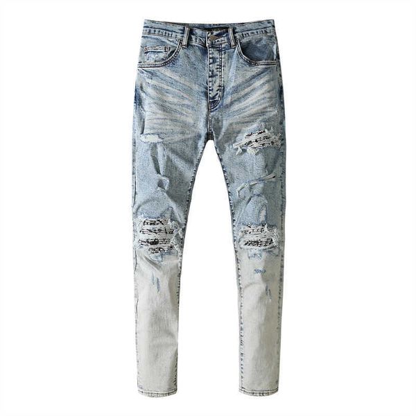 

jeans mens pierced suede pasted cloth high street trend pants, Blue