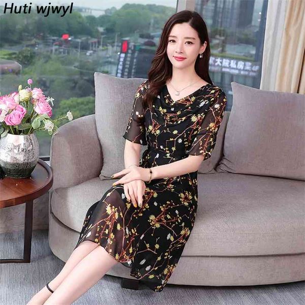

korean floral chiffon boho midi dresses summer vintage plus size print beach sundress elegant women bodycon party vestidos 210528, Black;gray
