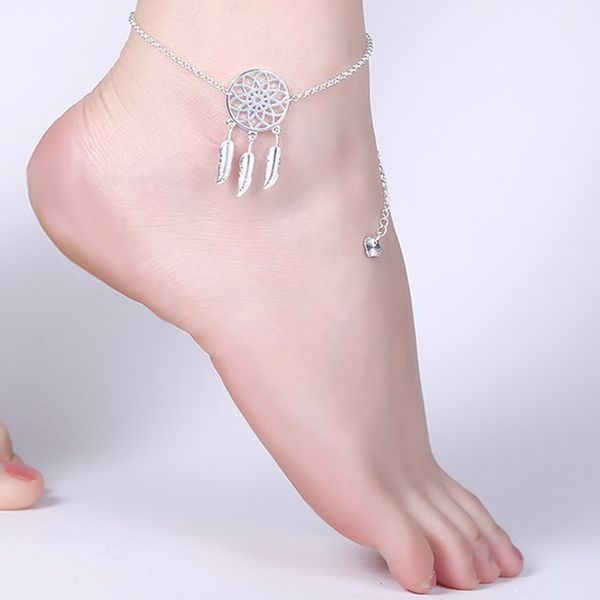 Moda Prata Banhado Dreamcatcher Penas para Mulheres Namorada Presente Pé Corrente de Anklet pulseira jóias