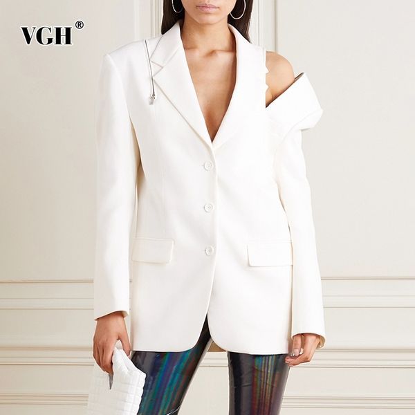 

korean white blazer for women notched long sleeve off shoulder casual loose streetwear blazers female fashion style 210507, White;black