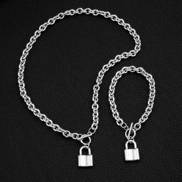 

earrings & necklace stainless steel women's set lock clasp fashion couple bracelet ot jewelry, Silver