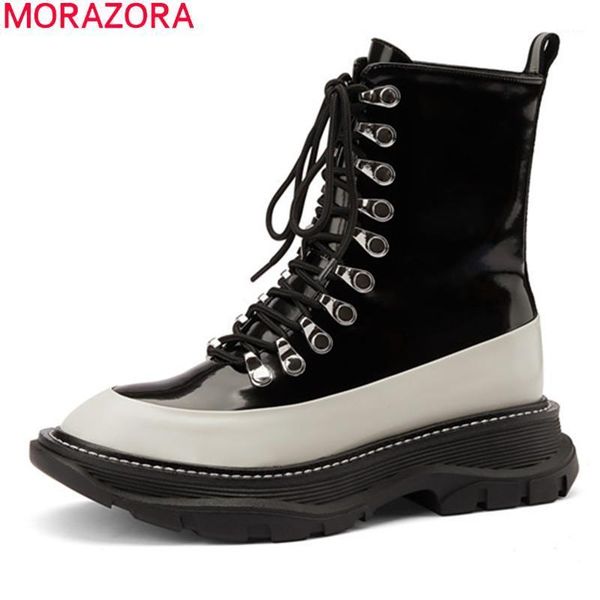 

boots morazora 2021 arrival fashion ankle genuine leather mixed colors ladies shoes simple lace up casual women1, Black