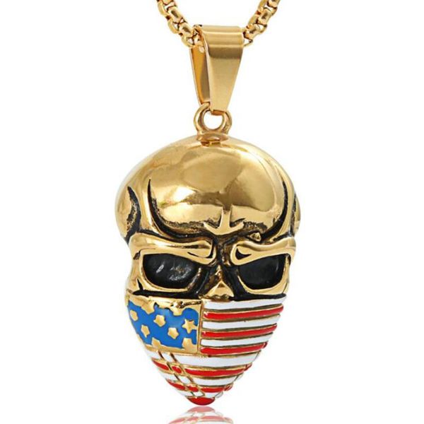 

pendant necklaces stainless steel skull america flag necklace punk rock biker chain heave jewelry for men, Silver