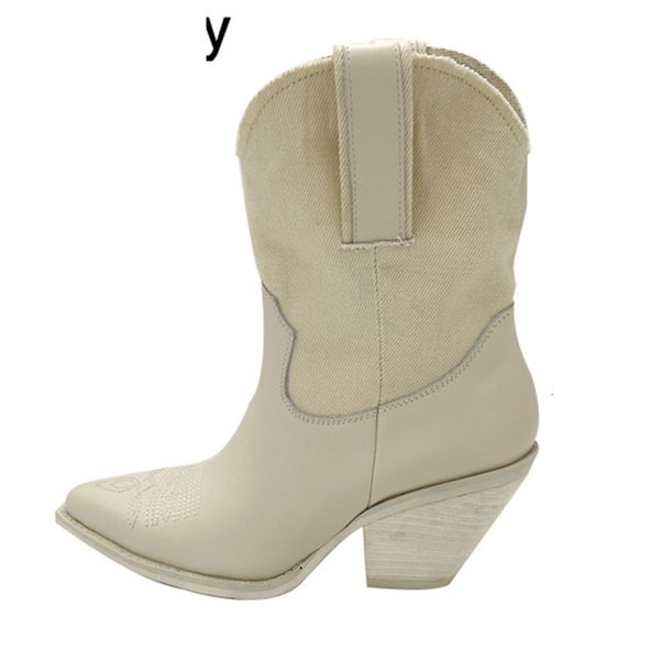 

boots pointed toe embroidery ankle women chunky high heels leather denim patchwork shoes female western cowboy short boots 7ce6, Black