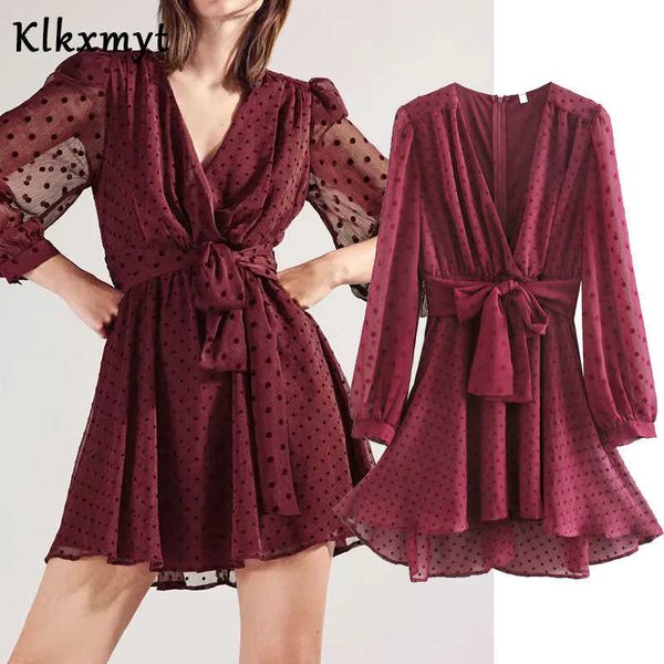 

klkxmyt za dress women chic fashion chiffon dot mini vintage three quarter sleeve sashes female es vestido mujer 210527, Black;gray