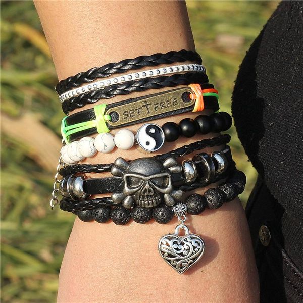 

tennis dgw 5pcs/set vintage punk leather bracelet men woven wrap bangle cross skull jewellery frosted stone charms bracelets gifts, Golden;silver