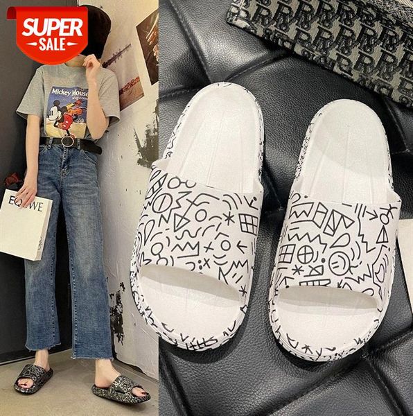

early graffiti flat one-foot casual shoes women's slippers korean style home comfortable sandals and #d99p, Black