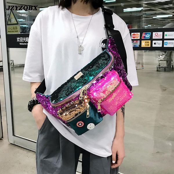 

waist bags female bag double color sequins multiple pockets hip large capacity banana woman bum