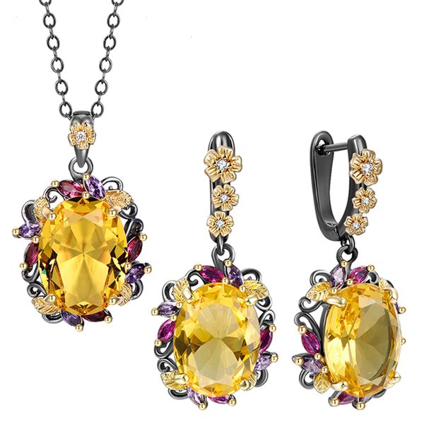 

beautiful necklace/earrings sets with big oval yellow gold zircon gun black 2 tone plating 2pcs jewelry sets for women, Silver