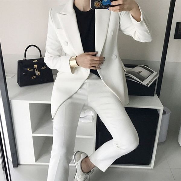 

women's two piece pants fashion 2 set white long sleeve suit autumn winter clothing coat student pant for women's opew