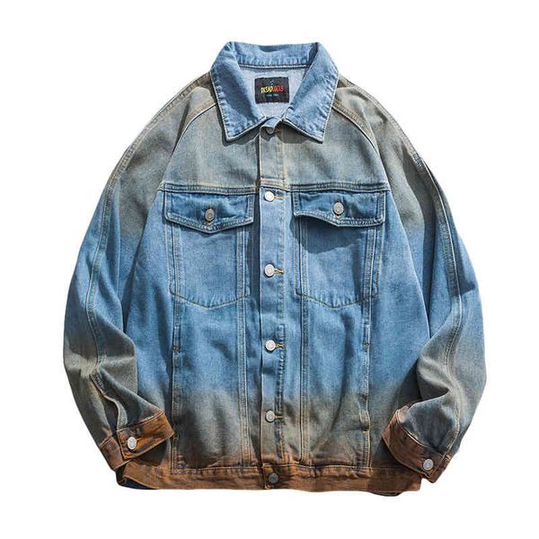 

light blue denim jacket turn down collar button long sleeves tie dye print letter loose oversize c0510 210514, Black;brown