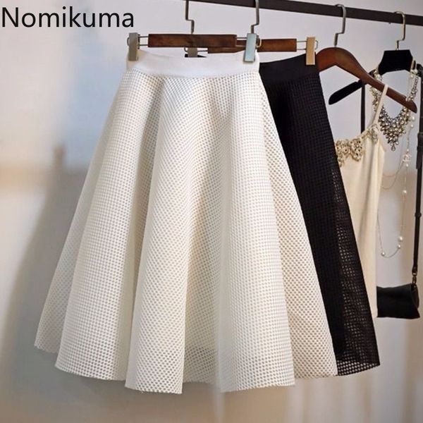 Nomikuma Spring Mesh Plaid Gonne scavate Coreano Vita alta A-line Gonna donna Moda Spazio-cotone Faldas Mujer 6G107 210427