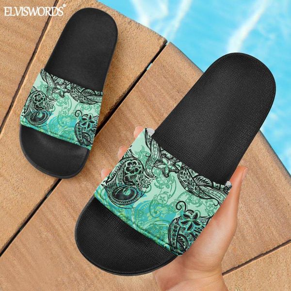 

durable rubber slipper for women hawaiian tribal honu and tiare pattern slide sandals summer autumn casual beachwear slippers, Black