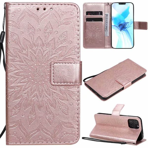 Prägung Sonnenblume Flip Stand Handy Portemonnaie Hülle für Samsung Galaxy S10 S20 S21 S22 A12 A13 A23 A33 A53 A73 A52 A72 5G