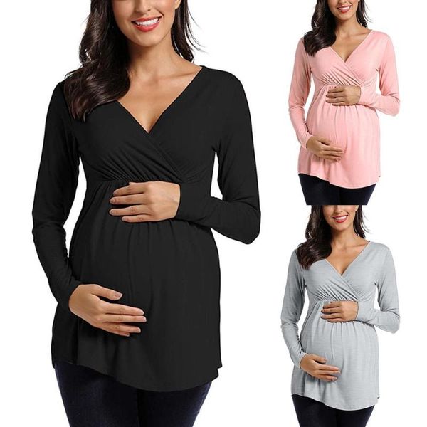 

maternity & tees women long sleeve solid color nursing t-shirt v-neck fashion casual pregnant breastfeeding y2, White