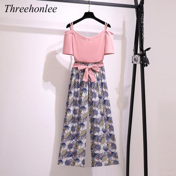 

women's two piece pants casual women sets summer off shoulder tees and sashes bow chiffon printed wide legs female holiday suits, White