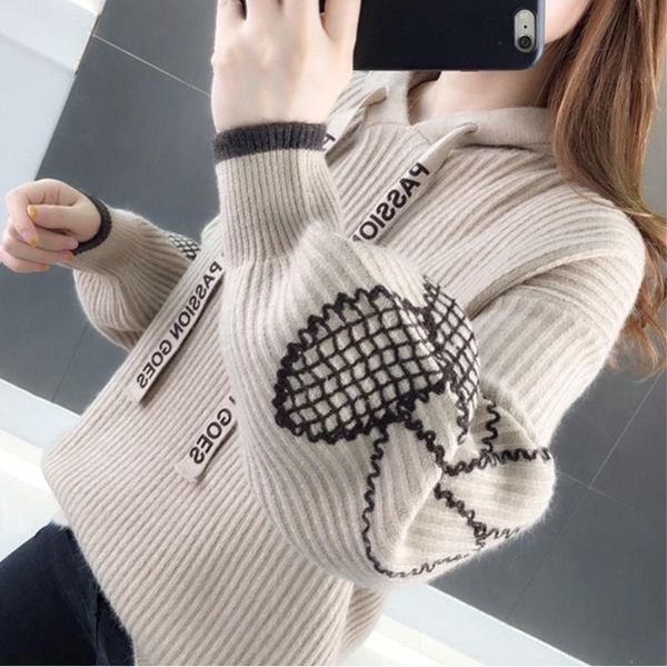 

women's sweaters jacquard hooded pullover sweater loose knit, White;black
