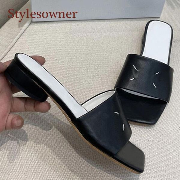 

summer sweet square head open toe leather beach slippers women fashion convenient flat bottom flip flops, Black