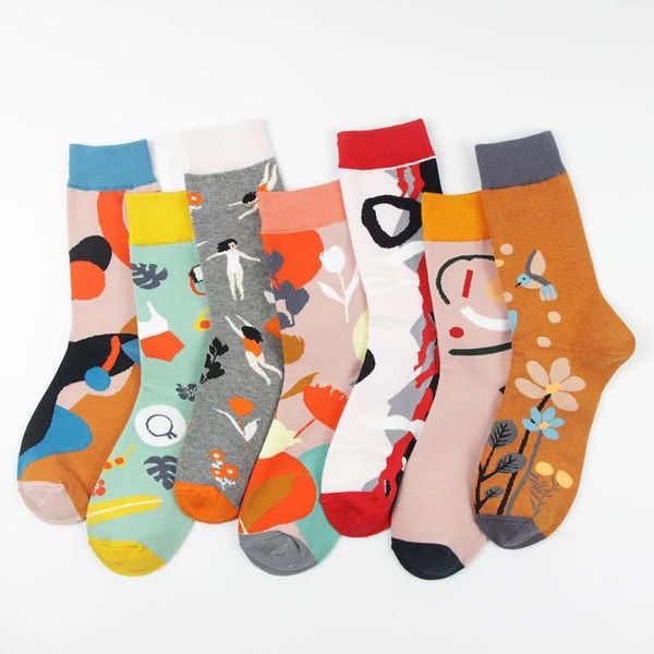 

socks & hosiery hipster france design colorful jacquard funny women creative art abstract painting sokken harajuku calcetines divertidos, Black;white