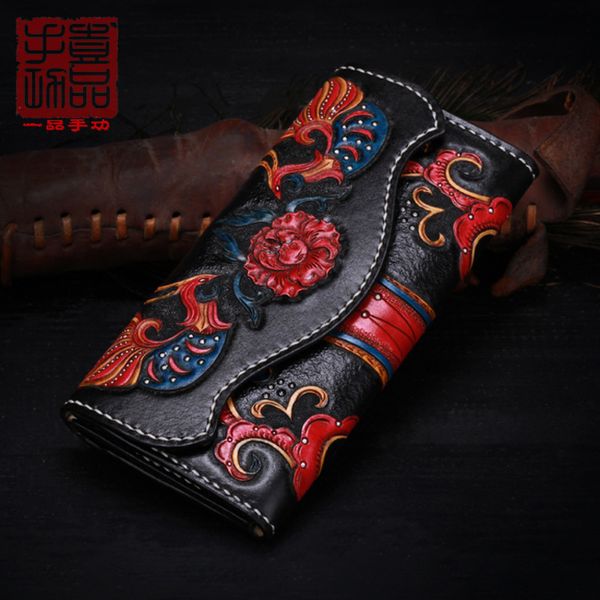 

wallets handmade leather carving hand for women, Red;black