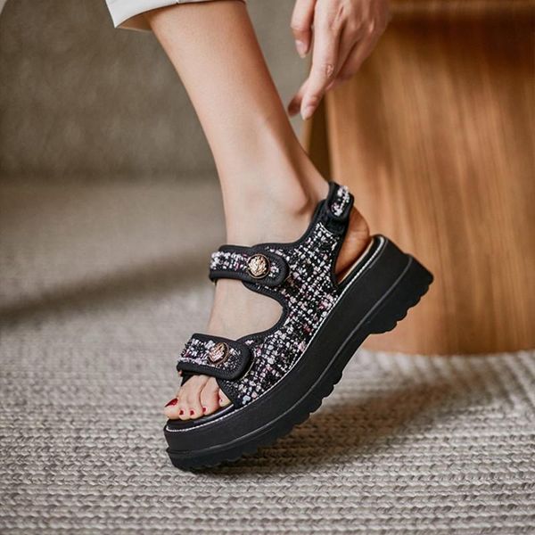 

trendy brand designer button plaid tweed sandals women chunky heels platform houndstooth hook&loop shoes summer stylish, Black