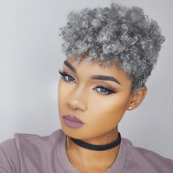 Capelli veri ricci crespi afro Parrucca sale pepe capelli umani grigi donne bob Parrucche senza pizzo senza parrucche corto pixie cut 8 pollici