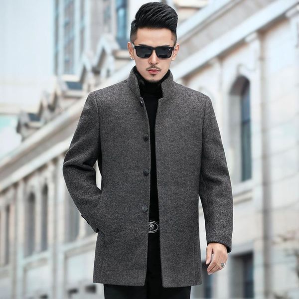 

middle aged old men's medium and long thick mink collar down inner liner double face woolen coat, Black