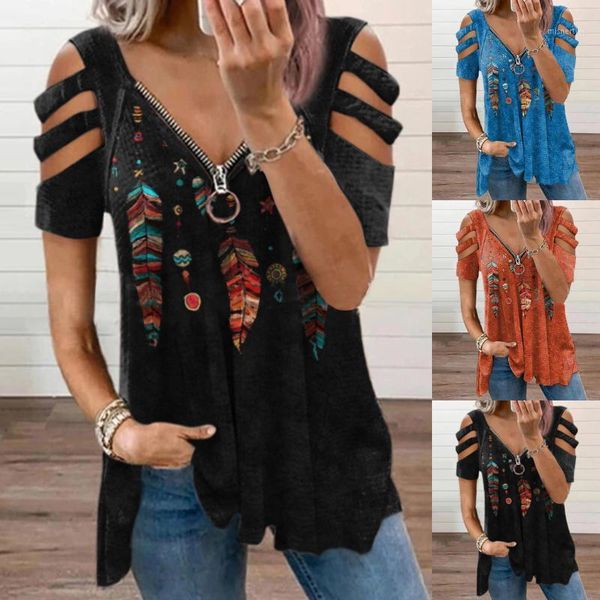 

women's t-shirt print summer fashion floral v-neck zipper tshirt hollow pullover casual loose ladies tee shirt 2021 #t1q, White