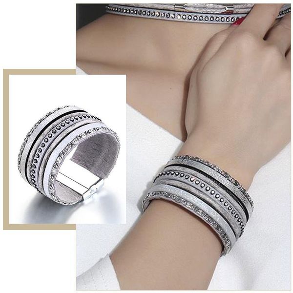 

tennis vintage women wrap bracelets pu leather with stones wide chunky punk wristband bangle holiday street jewelry, Golden;silver