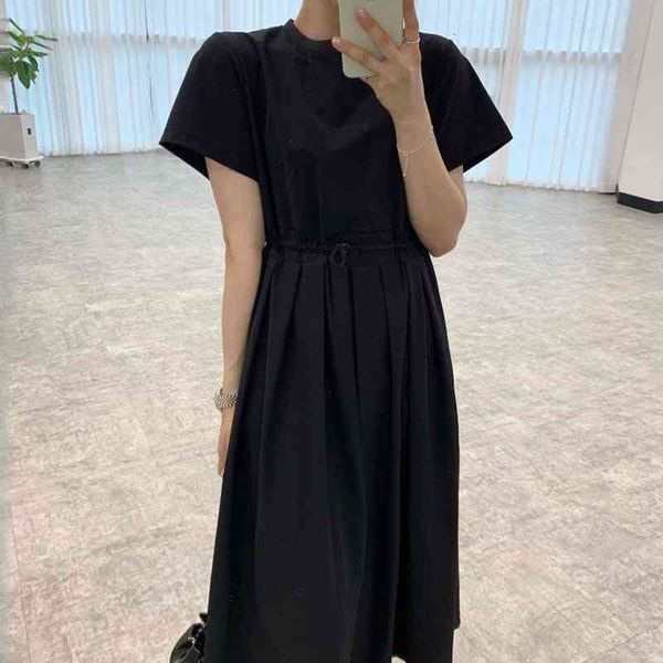 

casual dresses [ewq] women black minimalist niche o-neck solid color drawstring waist pleated design short-sleeved dress loose fashion 16f08, Black;gray