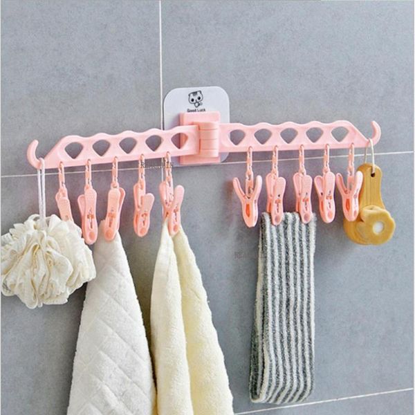 

hangers & racks multi-functional self-adhesive clothes hanger plastic 10 clips rack bra socks sundry folding wall-mounted