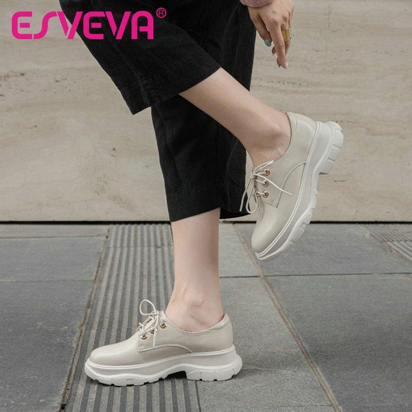 

dress shoes esveva 2021 lace up women pumps cow leather square med heels round toe solid fashion casual big size 34-39, Black