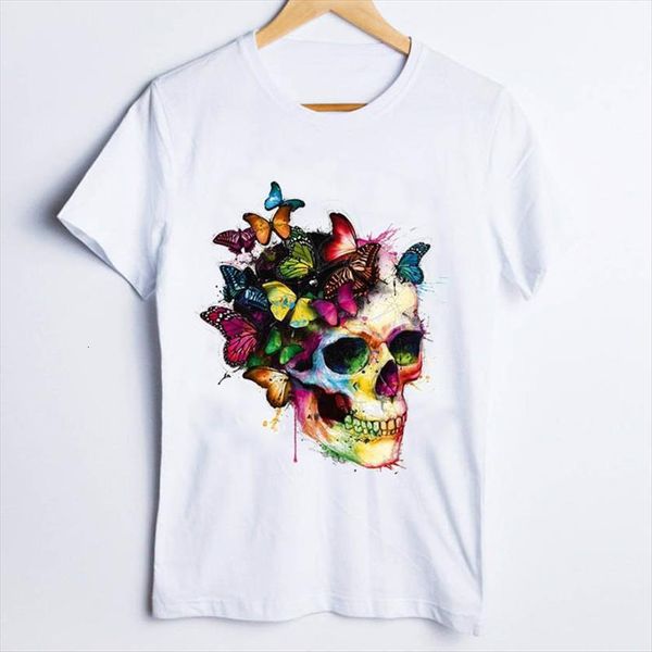 

tees print butterfly fashion skull women t shirts funny cute 90s watercolor clothes lady clothing female shirt, White