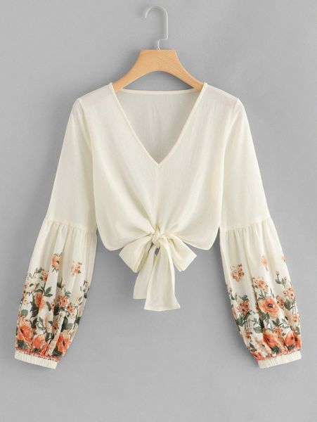 

floral chiffon self-tie crop 19ow#, White