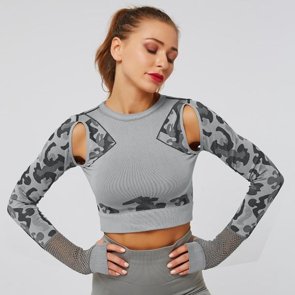 

yoga outfits long sleeve shirt women camouflage fitness tight seamless running sport crop breathable workout gym sports shirts, White;red