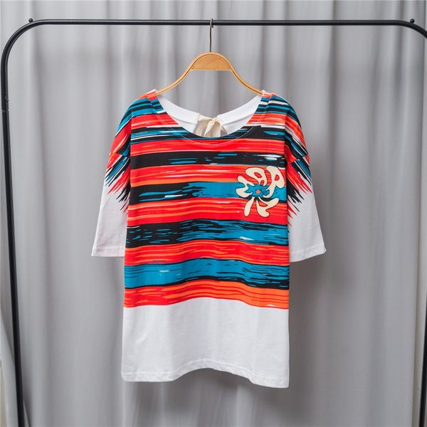 

women 26 t-shirt short sleeve tee stripe letter print back frenulum design cotton casual sweden nordic style, White