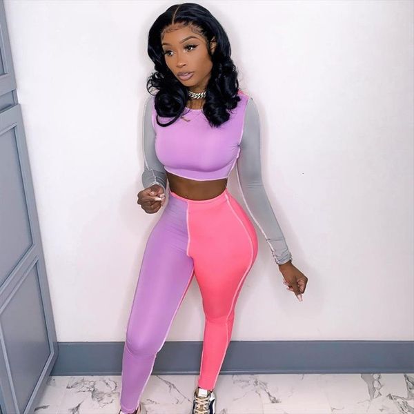 

patchwork contrast color casual 2 womens tracksuits two piece co ord suits spring fitness pants workout streetwear outfits, Gray